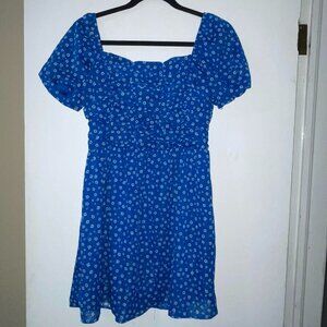 Crystal Doll Blue White Floral Minidress Off the Shoulder Short Sleeves Size L
